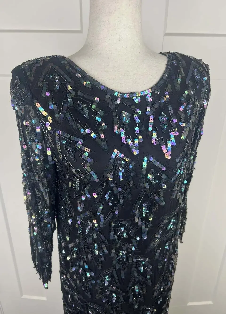 Vintage Carina Silk Sequin Dress M Iridescent Beaded Lace Sheath Cocktail Formal